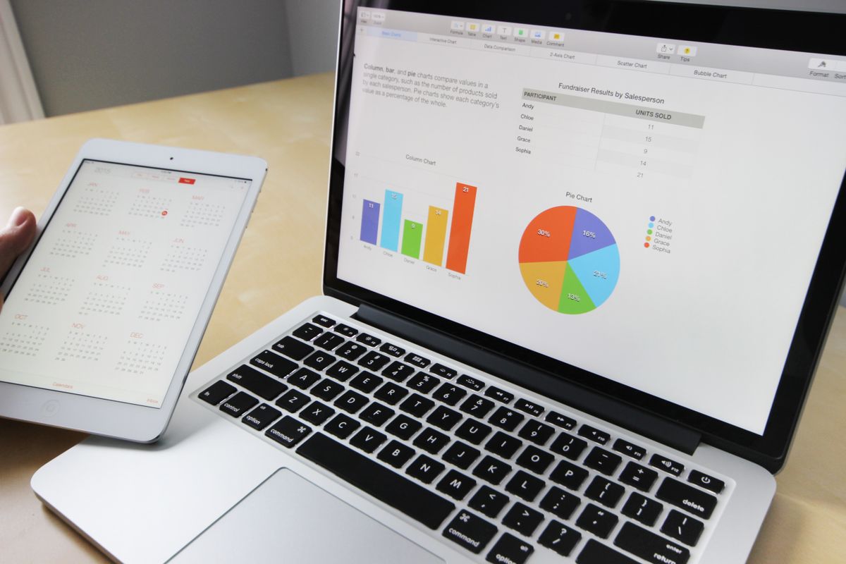 A laptop screen showing Apple's Numbers app with multiple chart types selected — Column Chart, Bar Chart, Pie Chart, and Area Chart — illustrating the chart-selection interface in a spreadsheet