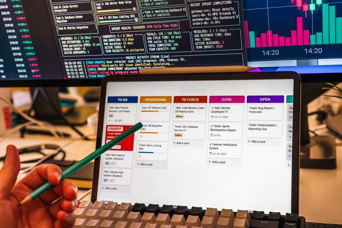 A modern workspace with a tablet and computer monitors showing data dashboards and charts, illustrating the multi-device, multi-tool environment of a data analyst's day